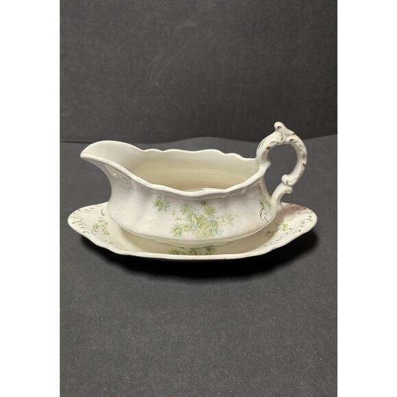 Vintage W H Grindley Daisy Gravy Boat Underplate Green Floral Gold Trim England - Picture 1 of 13